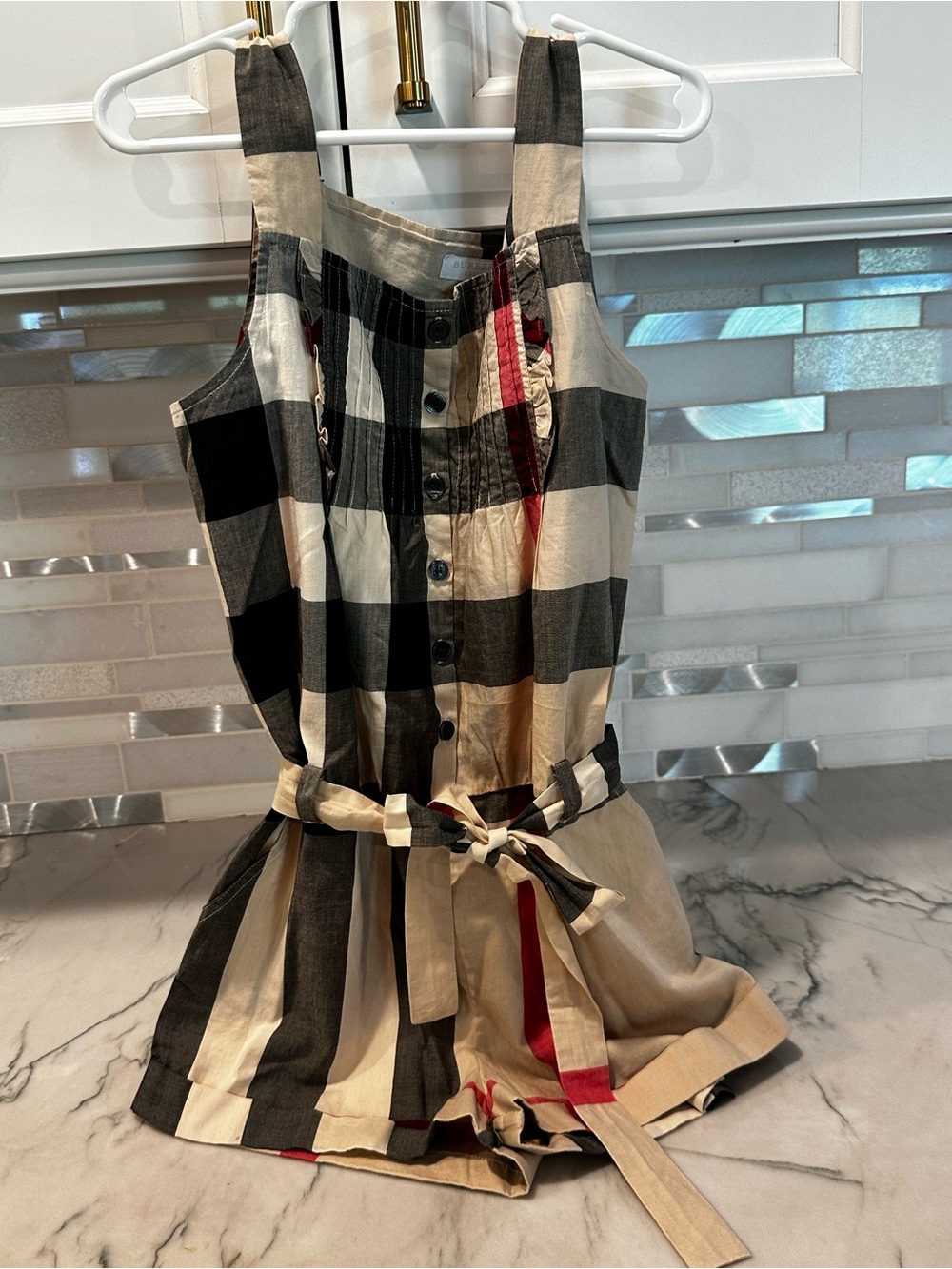 Burberry Black Cream Plaid Girls Sundress with belt and ruffle details 10Y